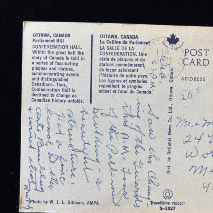 Vintage Postcard 1971 July Confederation Hall Parliament Hill Ottawa Canada