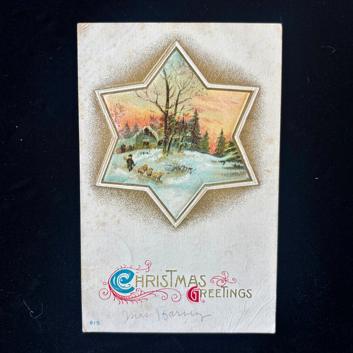 Antique Postcard 1913 Christmas Greeting Boy Sheep Star Embossed Osawatomie KS