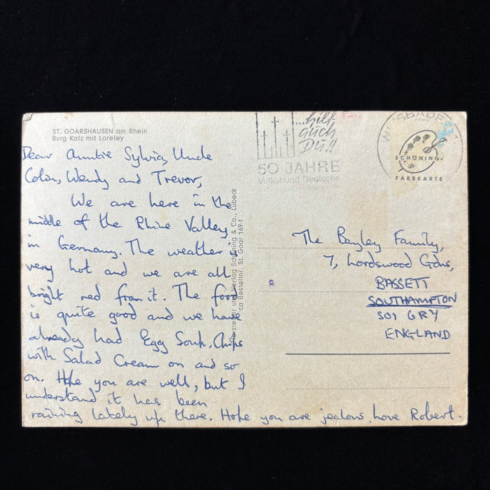 Vintage Postcard 1969 Jealousy Egg Soup Burg Katz Germany Rhine Valley Travelers