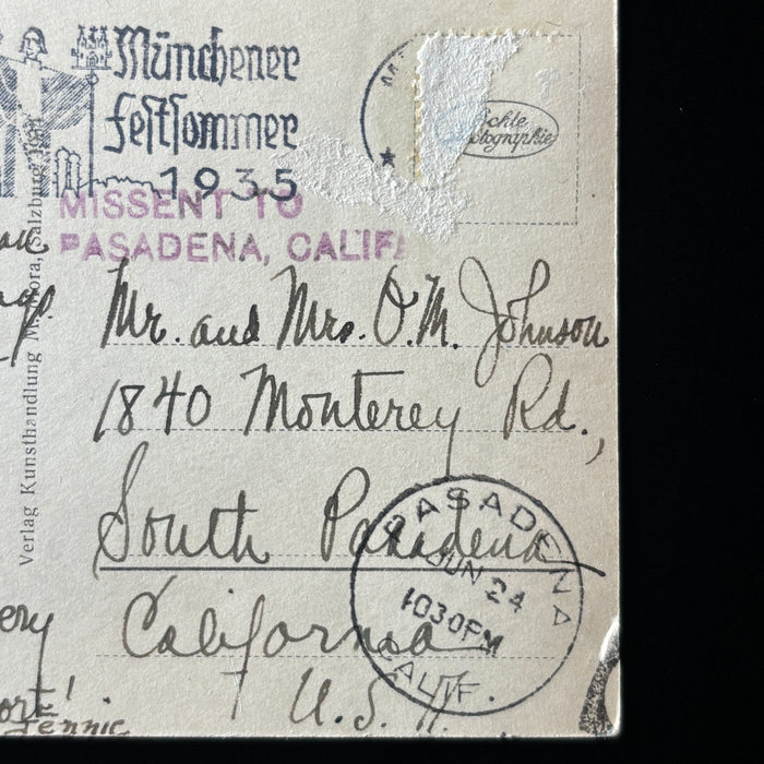 Vintage Postcard 1935 RPPC Salzburg Austria Castle Missent Pasadena California