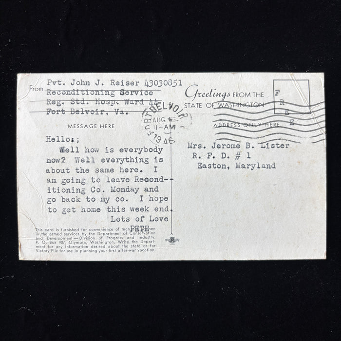 Vintage Postcard 1946 Soldier Mail Yakima Valley Apple Blossoms Fort Belvoir VA