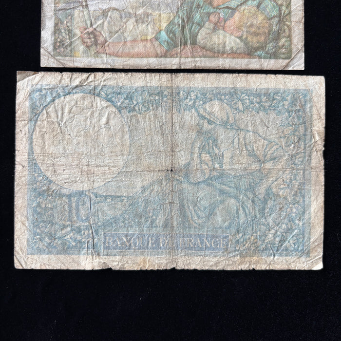 Vintage Banknote Set WWII France Allied 2 & 10 Francs Goddess Miner Lot 3 Pcs