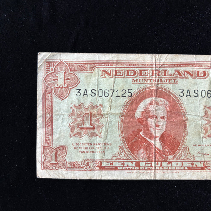 Vintage Banknote 1943 Netherlands 1 Gulden American Issue WWII Queen Wilhelmina