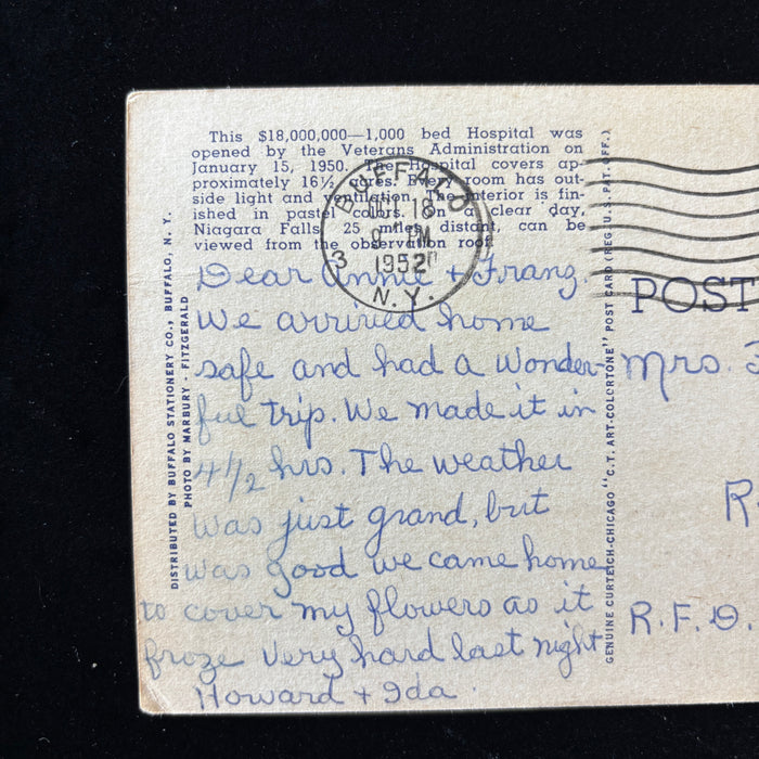 Vintage Postcard 1952 Frozen Flowers Veterans Administration Hospital Buffalo NY