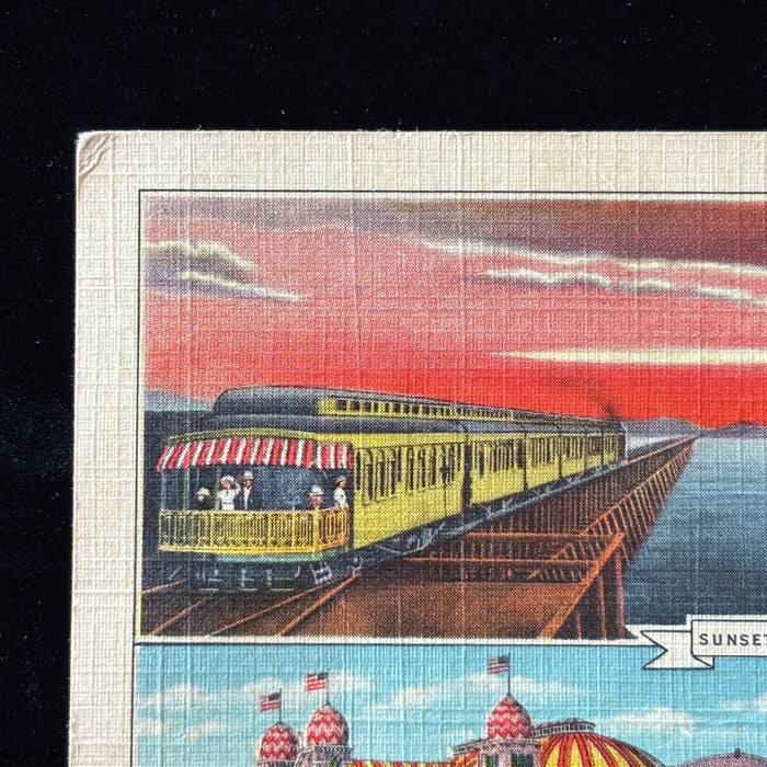 Vintage Postcard 1937 Great Salt Lake Utah Saltair Pavilion Float Sunset Trolley