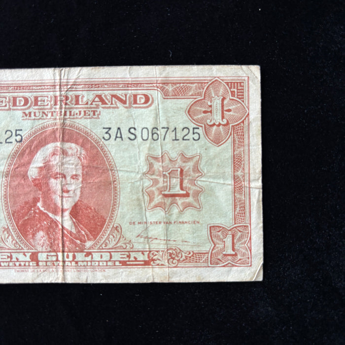 Vintage Banknote 1943 Netherlands 1 Gulden American Issue WWII Queen Wilhelmina