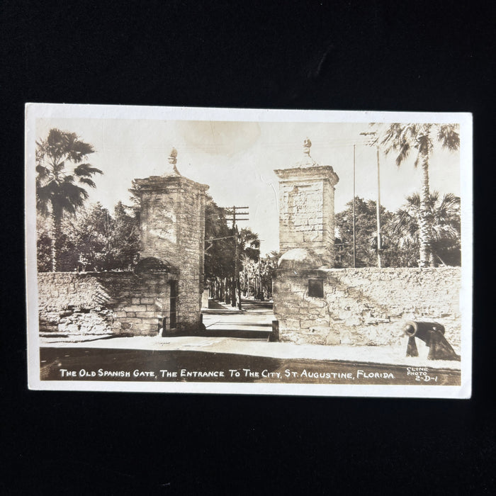 Vintage Postcard RPPC  St Augustine Florida Old Spanish Gate Entrance Iron Cannon