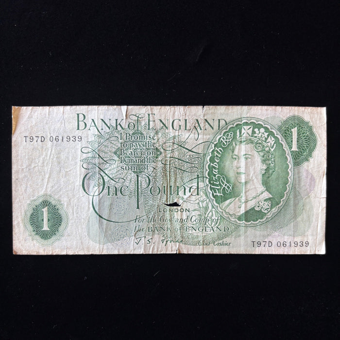 Vintage Banknote English One Pound Queen Elizabeth II Bank England J.S. Fforde