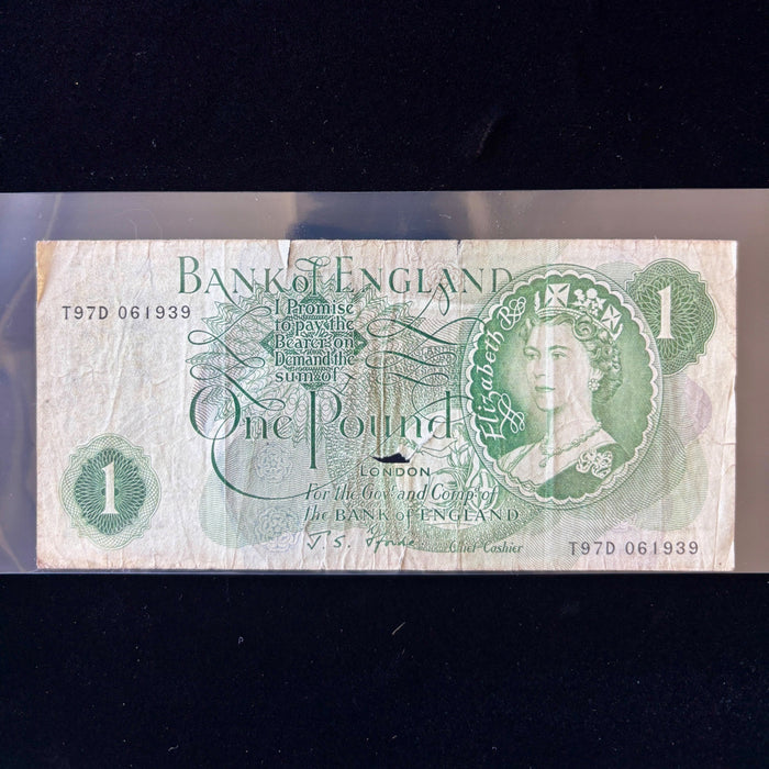 Vintage Banknote English One Pound Queen Elizabeth II Bank England J.S. Fforde