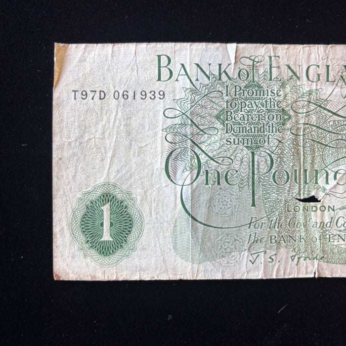 Vintage Banknote English One Pound Queen Elizabeth II Bank England J.S. Fforde
