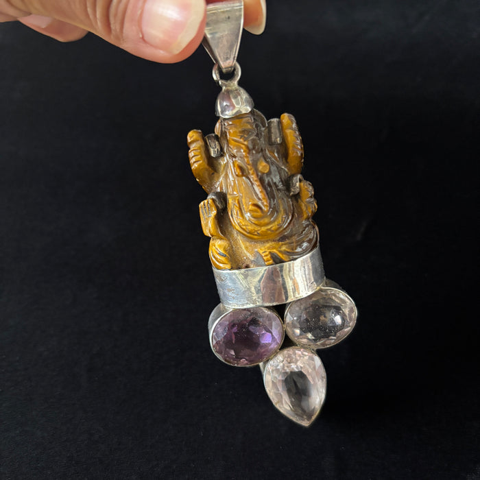 Tigers Eye Pendant Ganesha Amethyst Quartz Sterling Statement