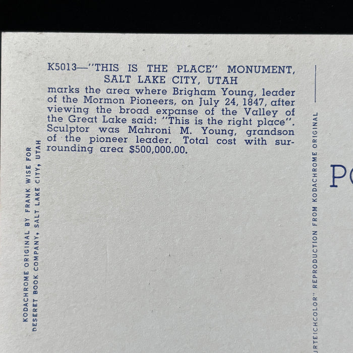 Vintage Postcard LDS This Is The Place Monument Salt Lake City Utah Pioneer