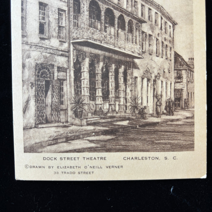 Vintage Postcard Dock St Theatre Charleston SC Oneill Iconic Verner Flower Lady