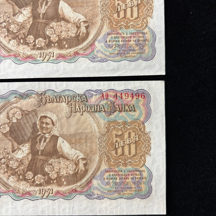 Vintage Banknote Set 1951 UNC Bulgaria 50 Leva Dimitrov Rose Harvest Balkan Lot