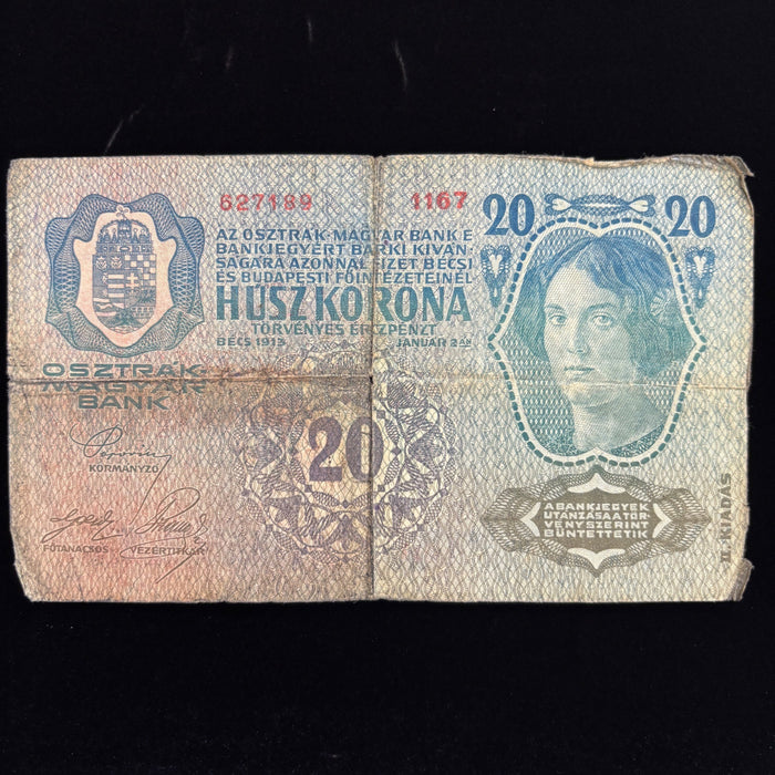 Antique Banknote 1913 Austria 20 Kronen European Deutschosterreich Overprint