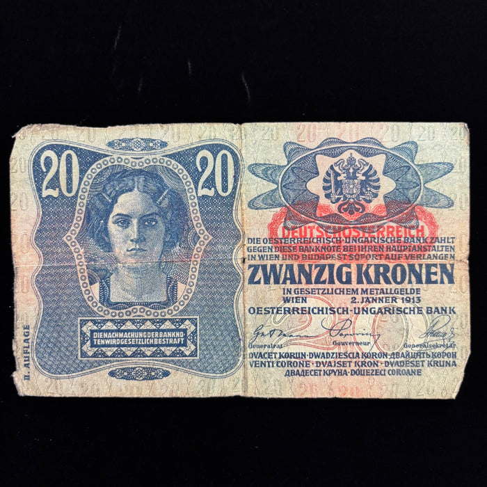 Antique Banknote 1913 Austria 20 Kronen European Deutschosterreich Overprint