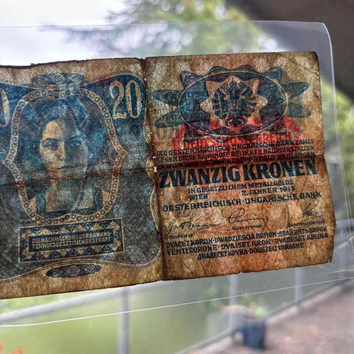 Antique Banknote 1913 Austria 20 Kronen European Deutschosterreich Overprint