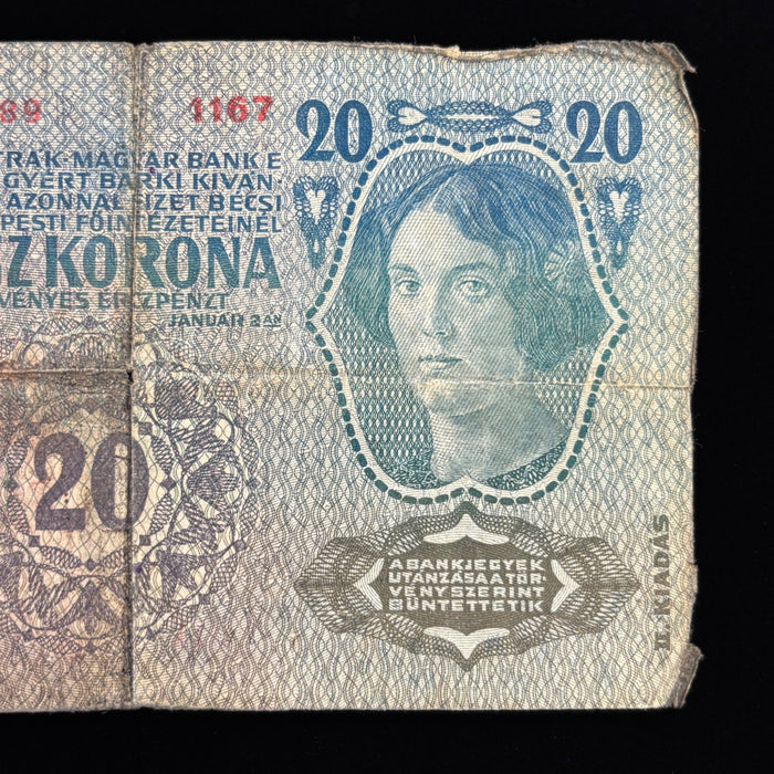 Antique Banknote 1913 Austria 20 Kronen European Deutschosterreich Overprint
