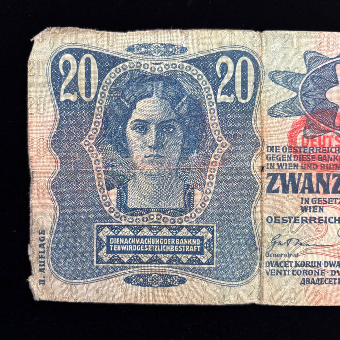 Antique Banknote 1913 Austria 20 Kronen European Deutschosterreich Overprint