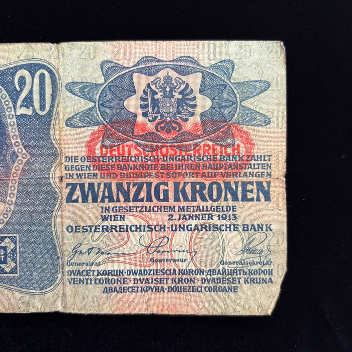 Antique Banknote 1913 Austria 20 Kronen European Deutschosterreich Overprint