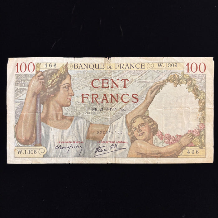 Vintage Banknote 1939 France 100 Francs Sully WW2 Currency Watermark Art