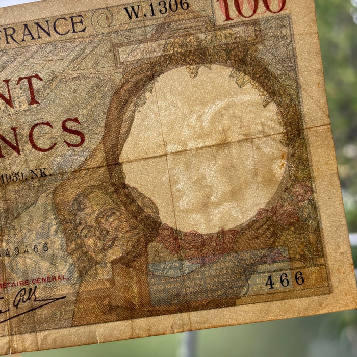 Vintage Banknote 1939 France 100 Francs Sully WW2 Currency Watermark Art