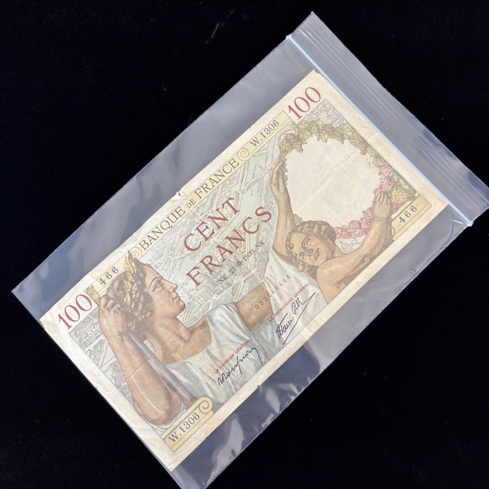 Vintage Banknote 1939 France 100 Francs Sully WW2 Currency Watermark Art