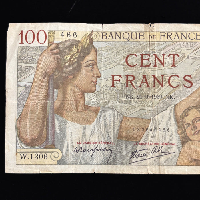 Vintage Banknote 1939 France 100 Francs Sully WW2 Currency Watermark Art