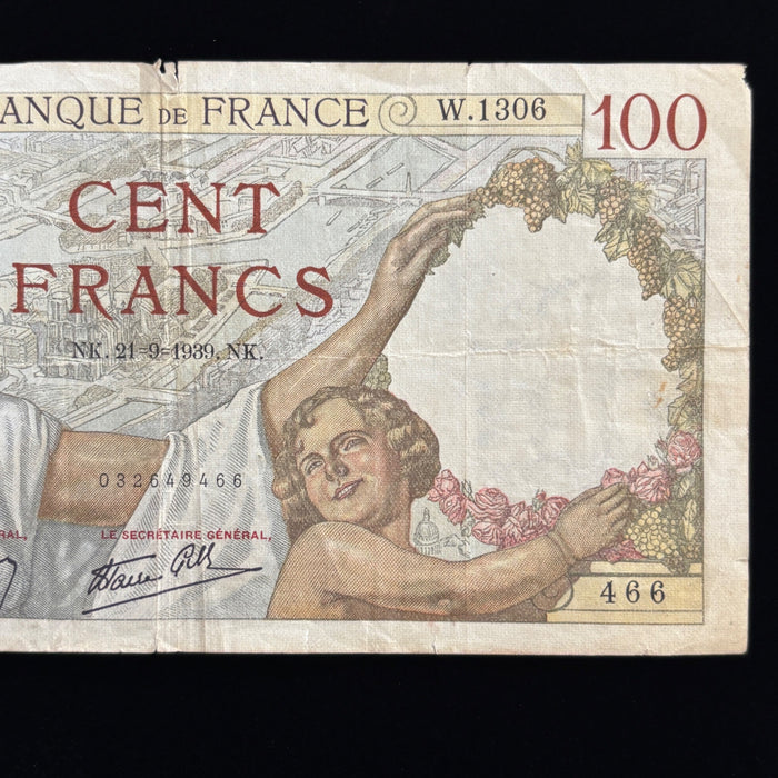 Vintage Banknote 1939 France 100 Francs Sully WW2 Currency Watermark Art
