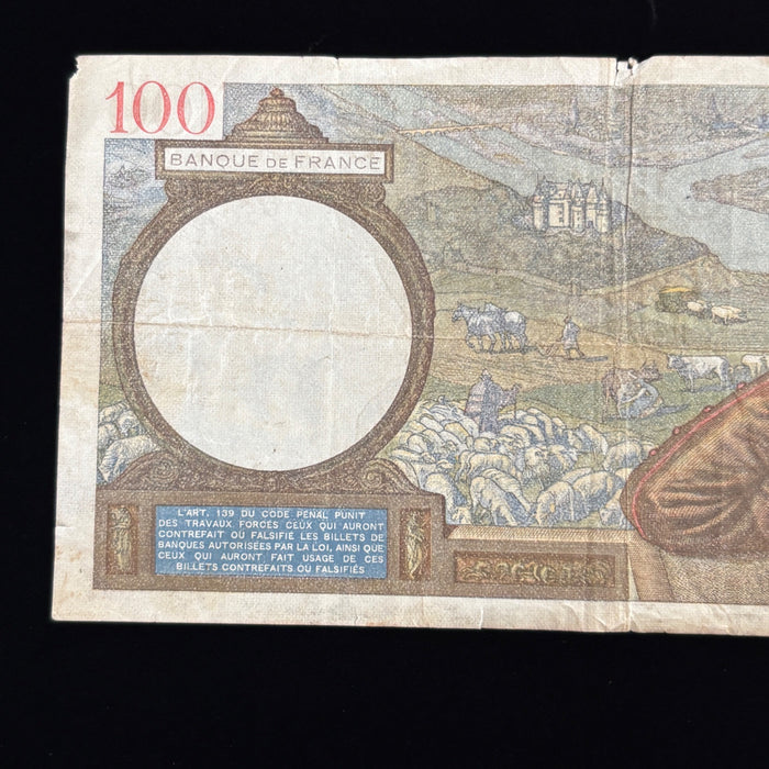Vintage Banknote 1939 France 100 Francs Sully WW2 Currency Watermark Art