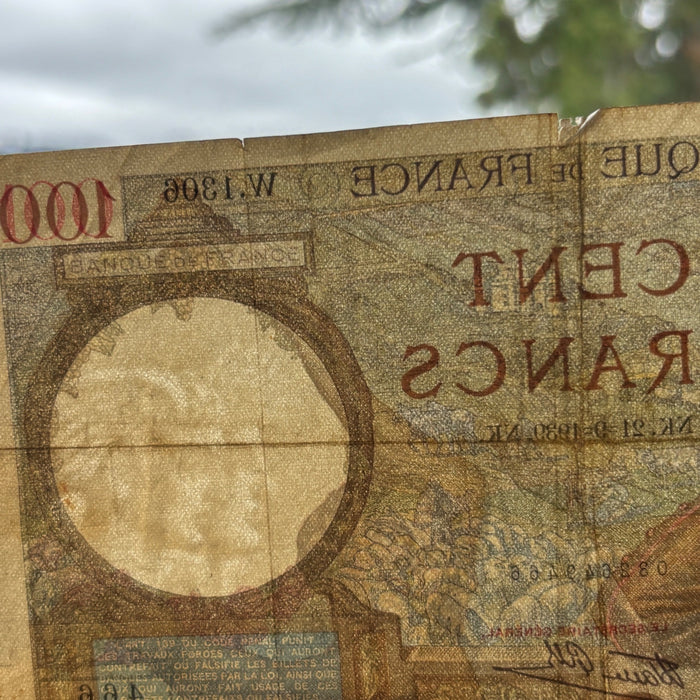 Vintage Banknote 1939 France 100 Francs Sully WW2 Currency Watermark Art