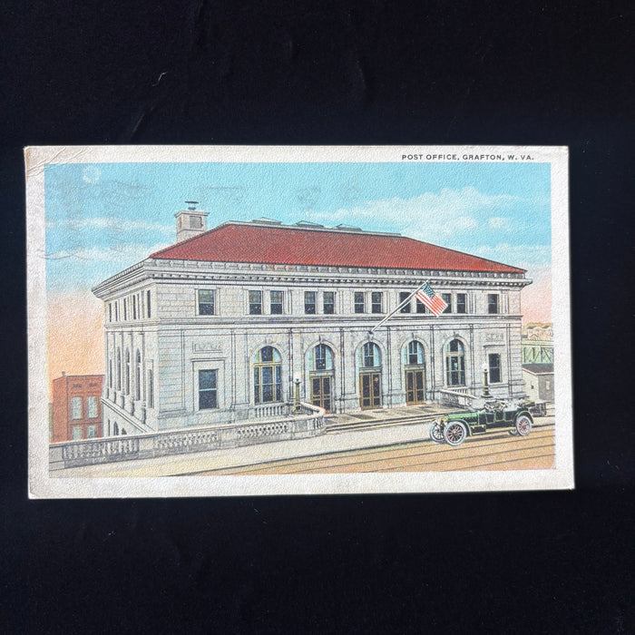 Antique Postcard 1922 Dad Seeing Life Touring Car Grafton Post Office WV Flag