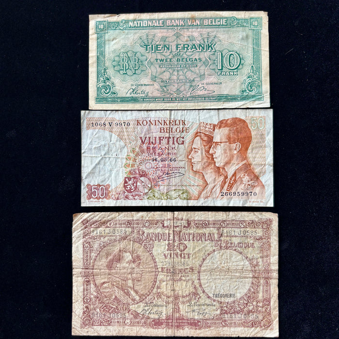 Vintage Banknote Set Belgian Francs Belgas Royal Portraits Bilingual Lot 3pc