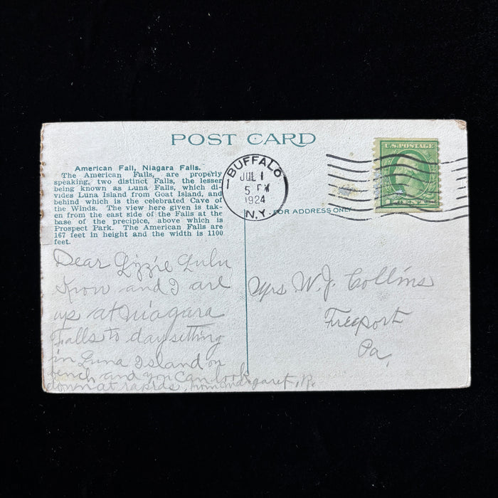 Antique 1924 Postcard Niagara Waterfalls American Falls from Below Buffalo NY