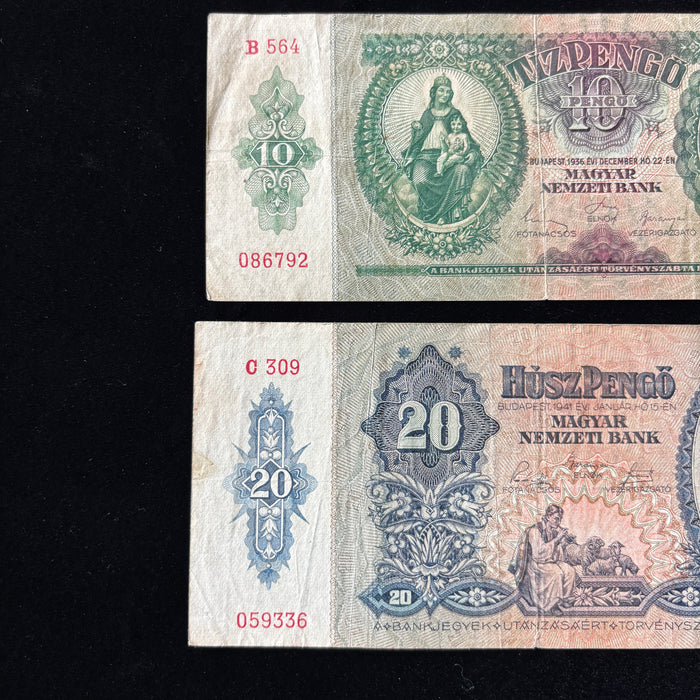 Vintage Banknote Set Hungary 10 20 Pengő Madonna Traditional Costume WWII Lot