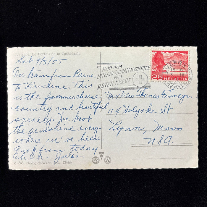 Vintage Postcard 1956 Cheese Country Alps Journey Red Cross Slogan Train Switzerland
