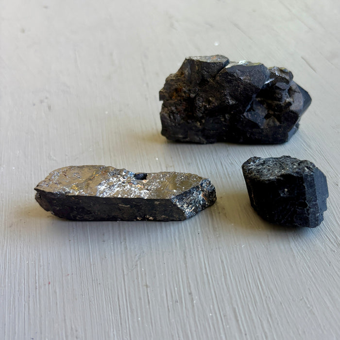 Raw Crystal Set: 7 Galena, Clear Quartz & Black Tourmaline