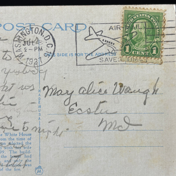 Vintage Postcard 1937 Air Mail Saves Time Slogan White House Washington DC