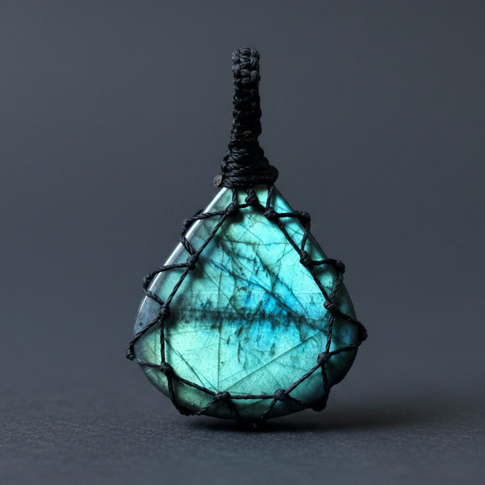 Labradorite Pendant Macrame Blue Flash Teardrop Charm