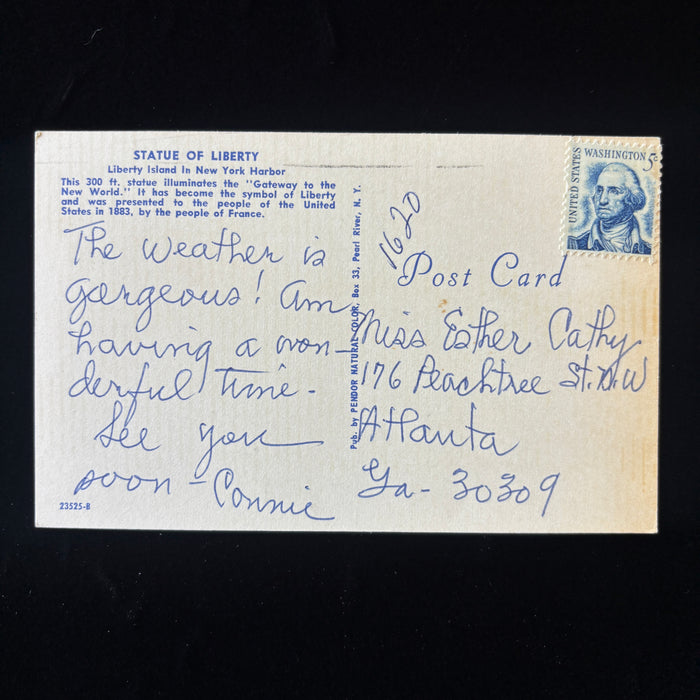 Vintage Postcard 1966 Statue Of Liberty Peachtree St Atlanta GA Posted NY Harbor