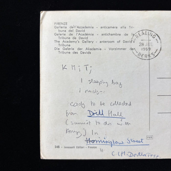 Vintage Postcard 1969 British Drill Hall Galleria Accademia Florence David Italy