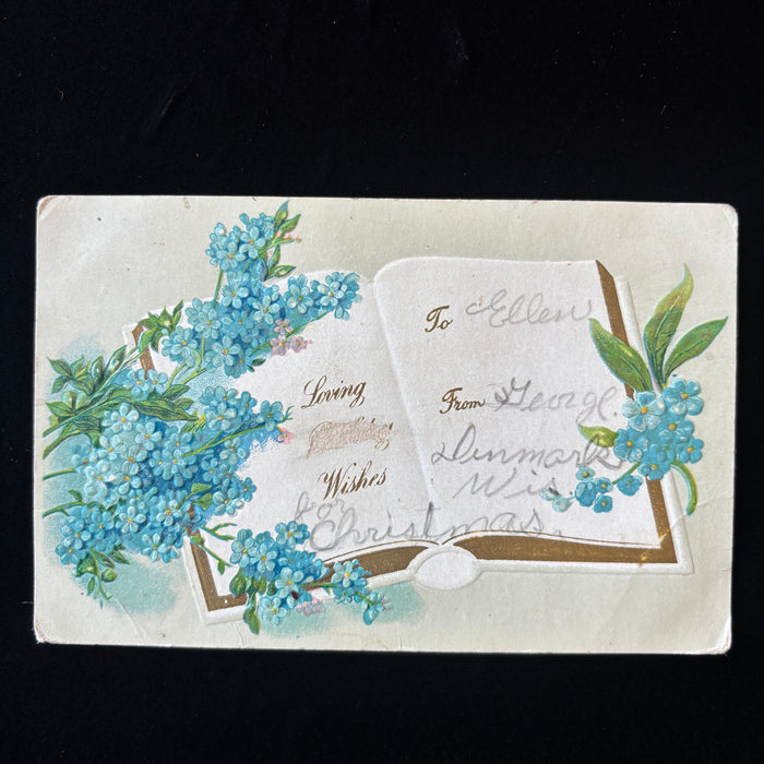 Antique Postcard 1909 Glaedelig Jul Denmark Wisconsin Embossed Blue Flower Xmas