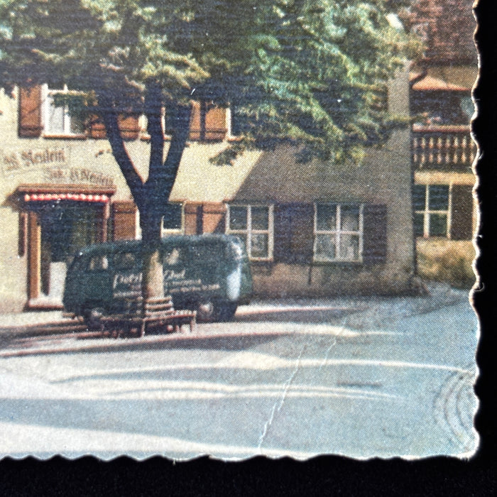 Vintage Postcard Germany Segringer Strasse Medieval Town Green Van Street Life