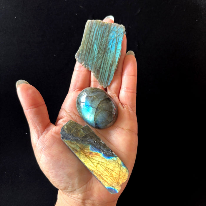 Labradorite Polished Flashy Lot of 3 Blue Gold Crystal Cabochon