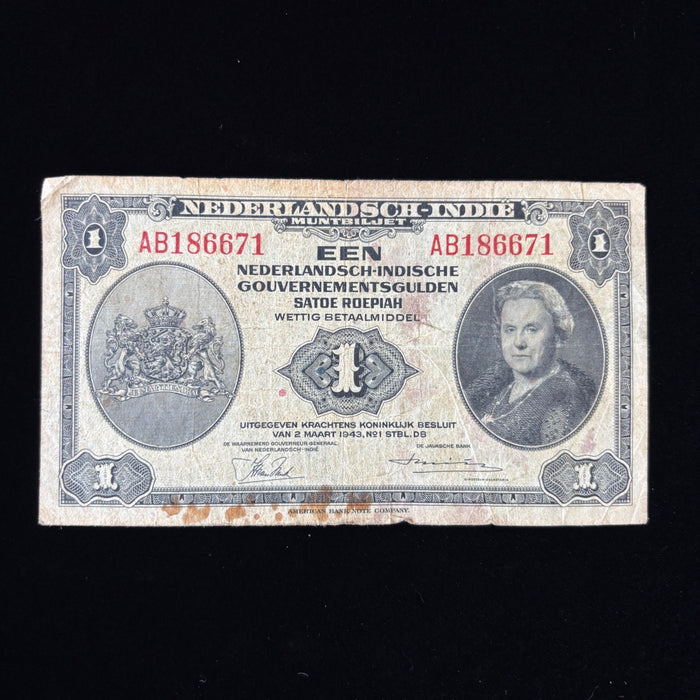 Vintage Banknote 1943 WWII Netherlands Indies 1 Gulden Wilhelmina Dutch Currency