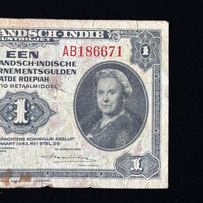 Vintage Banknote 1943 WWII Netherlands Indies 1 Gulden Wilhelmina Dutch Currency