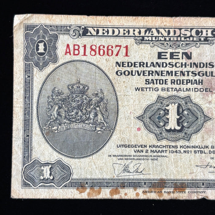 Vintage Banknote 1943 WWII Netherlands Indies 1 Gulden Wilhelmina Dutch Currency