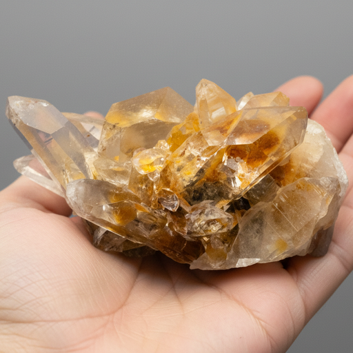 Hand holding a cluster of clear and amber-colored crystals against a gray background