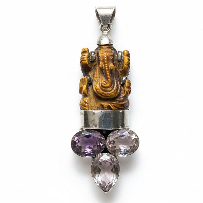Tigers Eye Pendant Ganesha Amethyst Quartz Sterling Statement