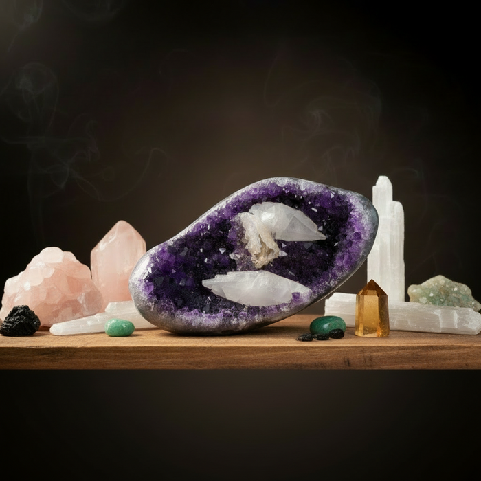 Amethyst Geode Calcite Crystal Cluster 8 Inch